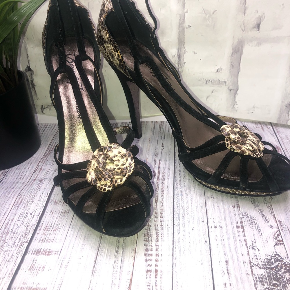 Beverley Feldman snake skin peep toe strap heels
